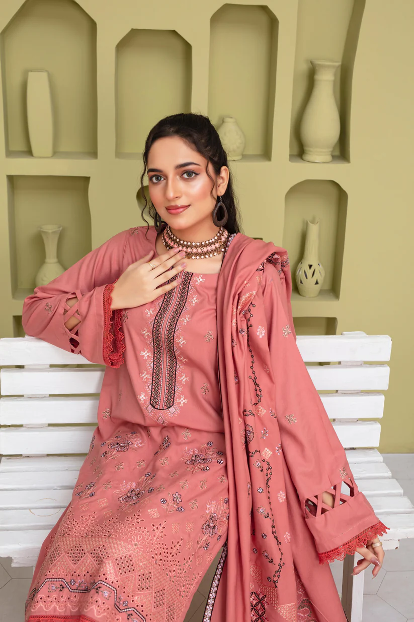 BRANDSINN-3PC DHANAK EMBROIDERED SHIRT WITH DHANAK CUTWORK EMBROIDERED SHAWL AND TROUSER-BI-4064