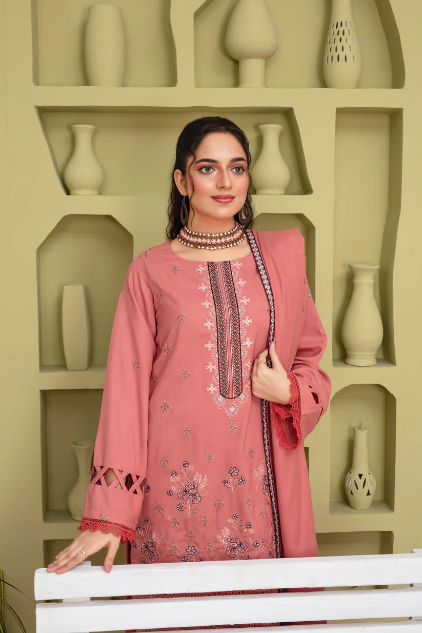 BRANDSINN-3PC DHANAK EMBROIDERED SHIRT WITH DHANAK CUTWORK EMBROIDERED SHAWL AND TROUSER-BI-4064