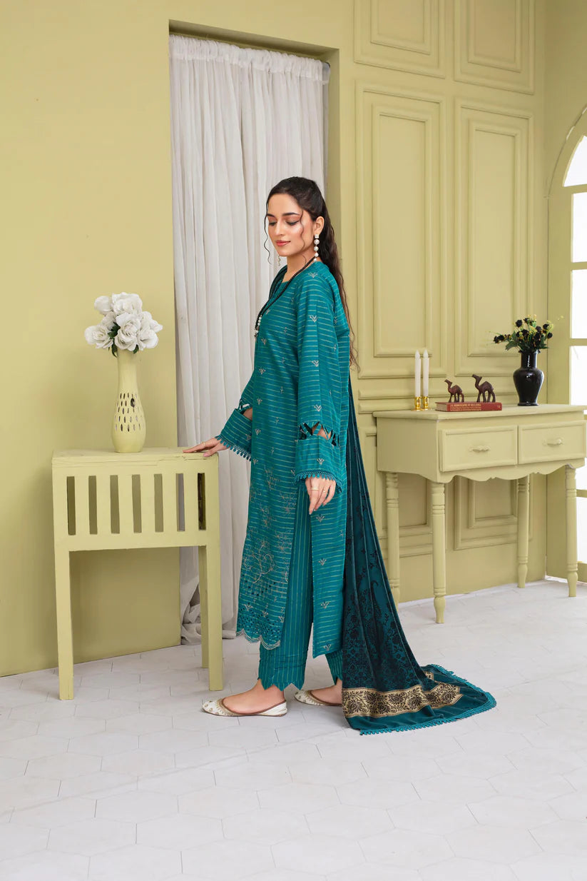 BRANDSINN-3PC KHADAR CUTWORK EMBROIDERED SHIRT WITH KASHMIRI JACQUARD WOOL SHAWL-BI-4051