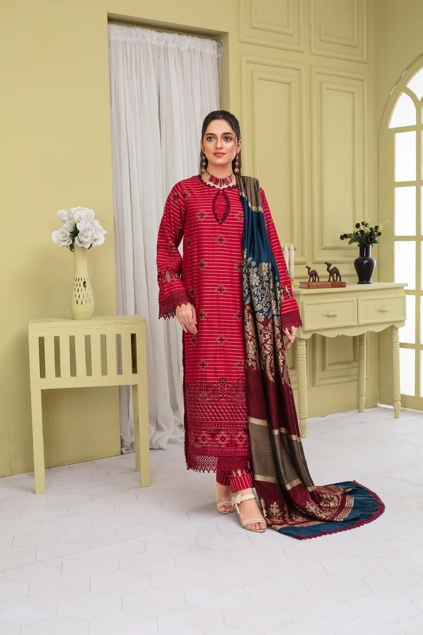 BRANDSINN-3PC KHADAR CUTWORK EMBROIDERED SHIRT WITH KASHMIRI JACQUARD WOOL SHAWL-BI-4053