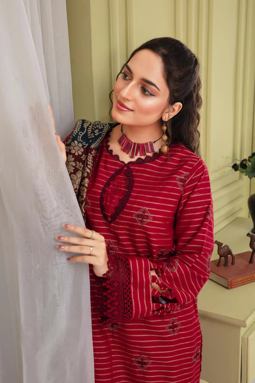 BRANDSINN-3PC KHADAR CUTWORK EMBROIDERED SHIRT WITH KASHMIRI JACQUARD WOOL SHAWL-BI-4053