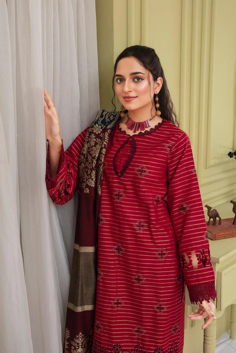 BRANDSINN-3PC KHADAR CUTWORK EMBROIDERED SHIRT WITH KASHMIRI JACQUARD WOOL SHAWL-BI-4053