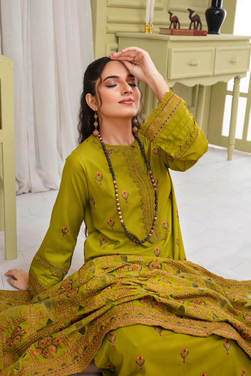 BRANDSINN-3PC DHANAK EMBROIDERED SHIRT WITH DHANAK CUTWORK EMBROIDERED SHAWL AND TROUSER-BI-4063