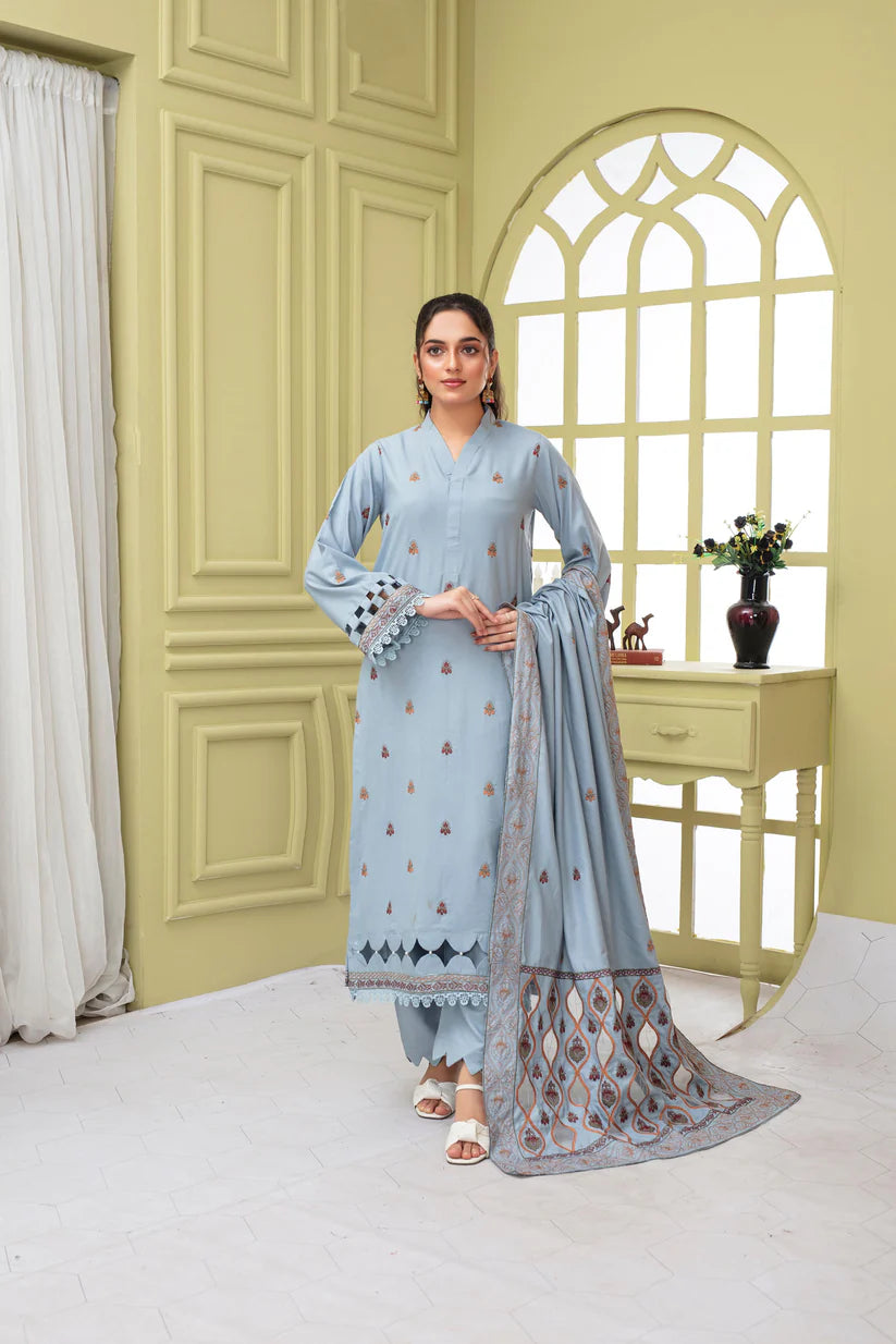 BRANDSINN-3PC DHANAK EMBROIDERED SHIRT WITH HEAVY CUTWORK EMBROIDERED DHANAK SHAWL AND TROUSER-BI-4068