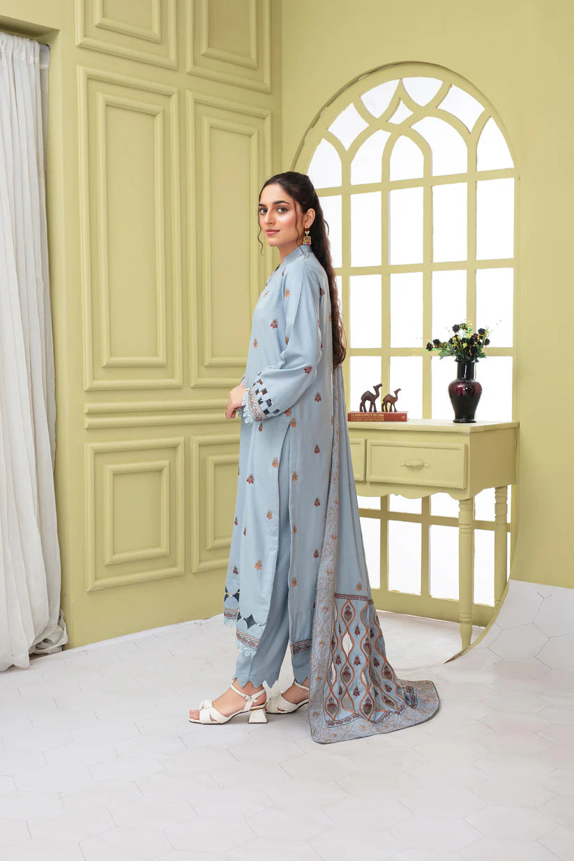 BRANDSINN-3PC DHANAK EMBROIDERED SHIRT WITH HEAVY CUTWORK EMBROIDERED DHANAK SHAWL AND TROUSER-BI-4068