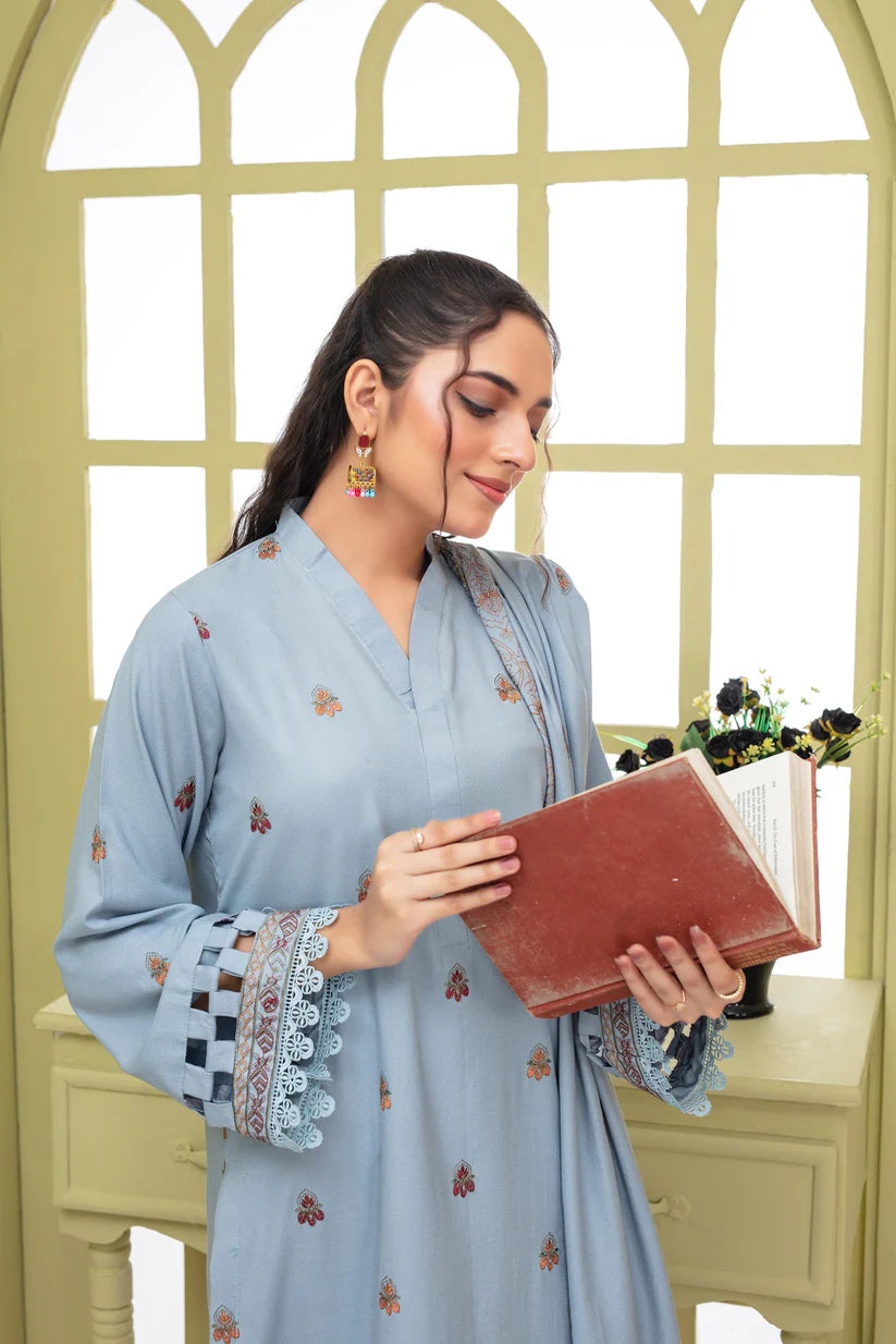 BRANDSINN-3PC DHANAK EMBROIDERED SHIRT WITH HEAVY CUTWORK EMBROIDERED DHANAK SHAWL AND TROUSER-BI-4068