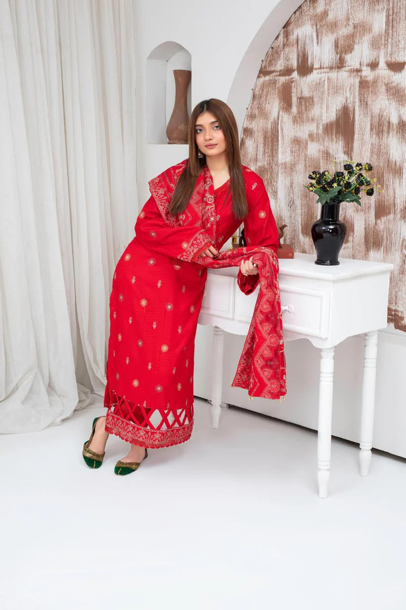 BRANDS INN-3PC DHANAK EMBROIDERED SHIRT WITH HEAVY CUTWORK EMBROIDERED DHANAK SHAWL AND TROUSER-BI-4118