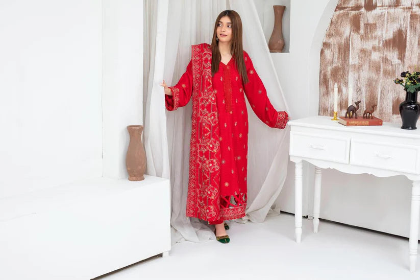 BRANDS INN-3PC DHANAK EMBROIDERED SHIRT WITH HEAVY CUTWORK EMBROIDERED DHANAK SHAWL AND TROUSER-BI-4118
