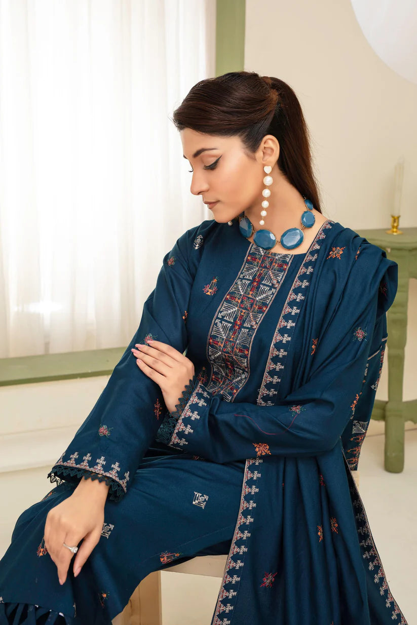 BRANDS INN-3PC DHANAK EMBROIDERED SHIRT WITH HEAVY CUTWORK EMBROIDERED DHANAK SHAWL AND TROUSER-BI-4126