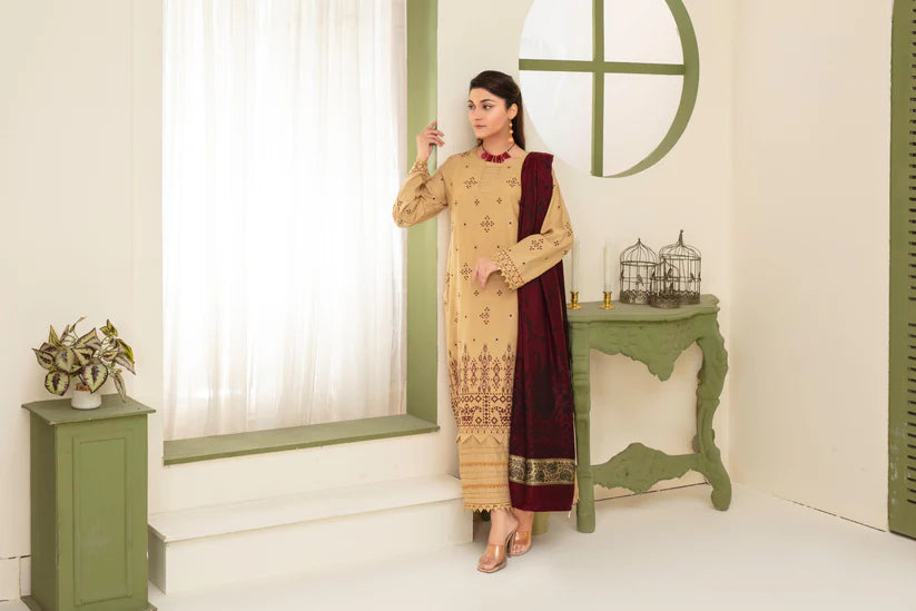 BRANDSINN-3PC DHANAK EMBROIDERED SHIRT WITH KASHMIRI JACQUARD WOOL SHAWL-BIC-4026