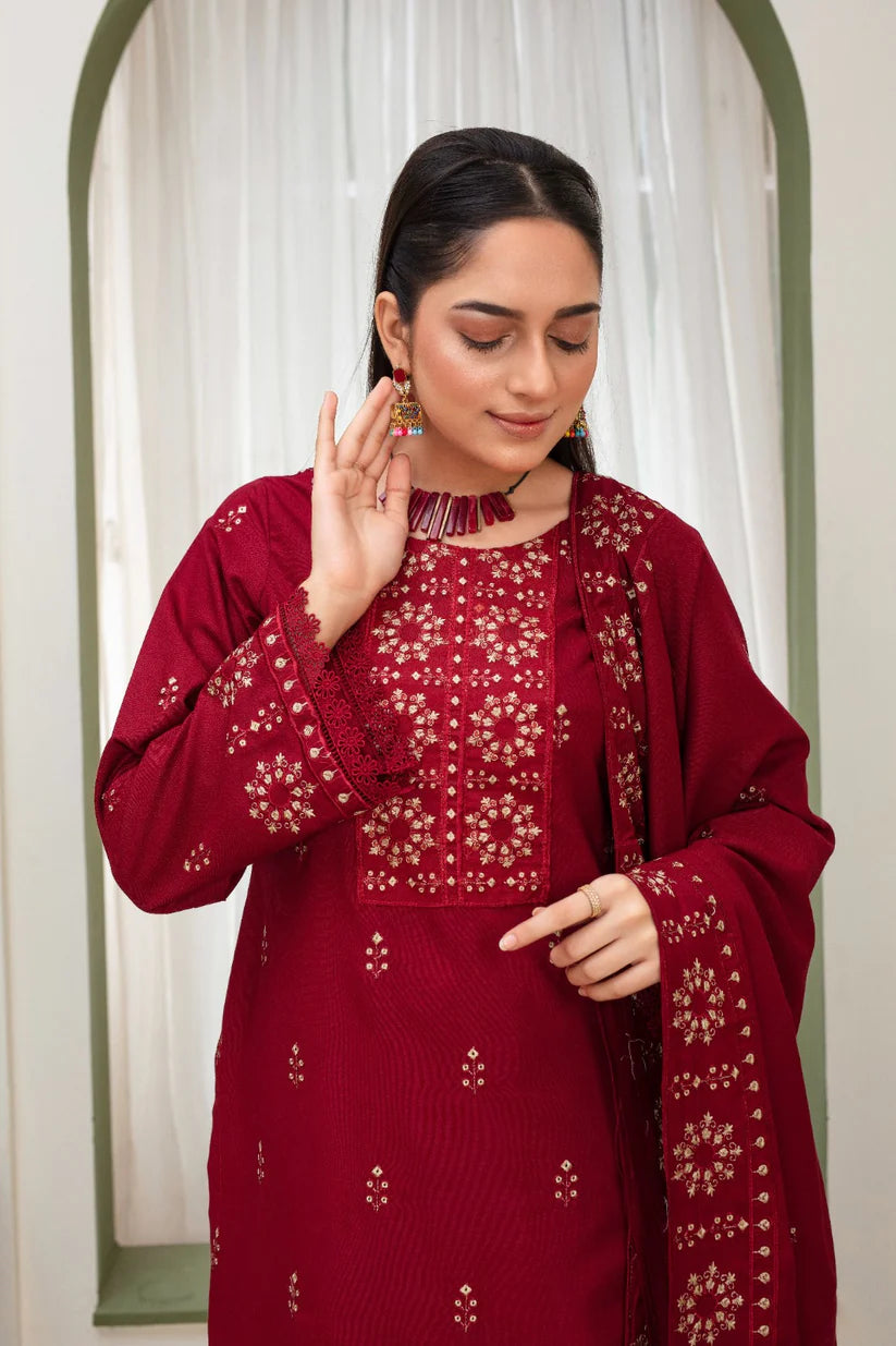BRANDS INN-3PC DHANAK EMBROIDERED SHIRT WITH HEAVY CUTWORK EMBROIDERED DHANAK SHAWL AND TROUSER-BI-1514