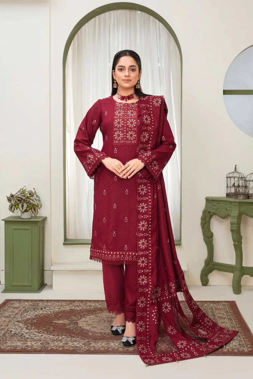 BRANDS INN-3PC DHANAK EMBROIDERED SHIRT WITH HEAVY CUTWORK EMBROIDERED DHANAK SHAWL AND TROUSER-BI-1514