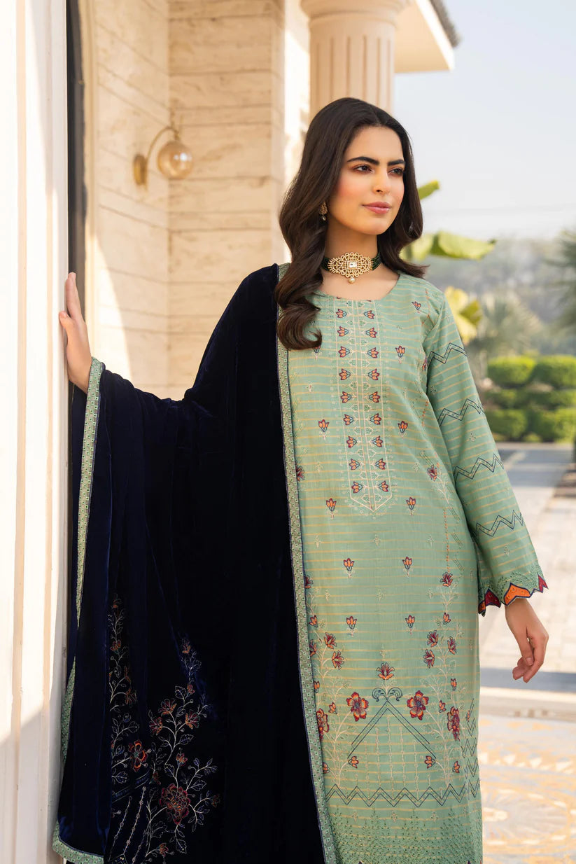 BRANDSINN-3PC KHADDAR EMBROIDERED SHIRT WITH VELVET EMBROIDERED READY TO WEAR SHAWL-BI-4044
