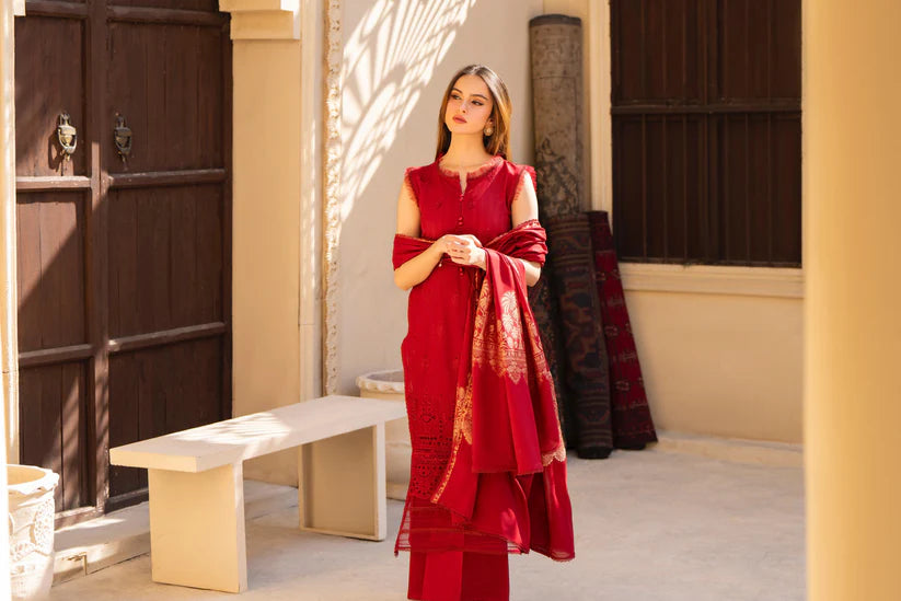 MIRAKHI-3PC LAWN CHIKENKARI EMBROIDERED SHIRT WITH LAWN JAQUARD PRINT DUPATTA-BI-193