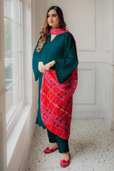 BrandsInn-3PC CHIKANKAARI LAWN EMBROIDERED SHIRT WITH CHUNRI PRINT DUPATTA AND TROUSER-BI-4558-Z
