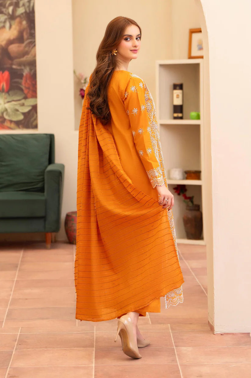 BrandsInn - 3PC LAWN CHIKENKAARI EMBROIDERED SHIRT WITH LAWN TUBE SLUB DUPATTA AND TROUSER-BI-384