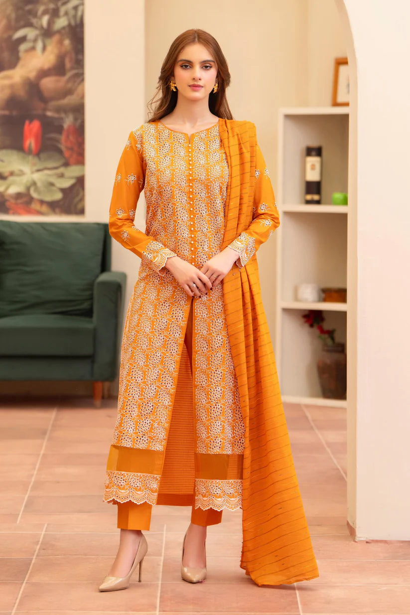 BrandsInn - 3PC LAWN CHIKENKAARI EMBROIDERED SHIRT WITH LAWN TUBE SLUB DUPATTA AND TROUSER-BI-384