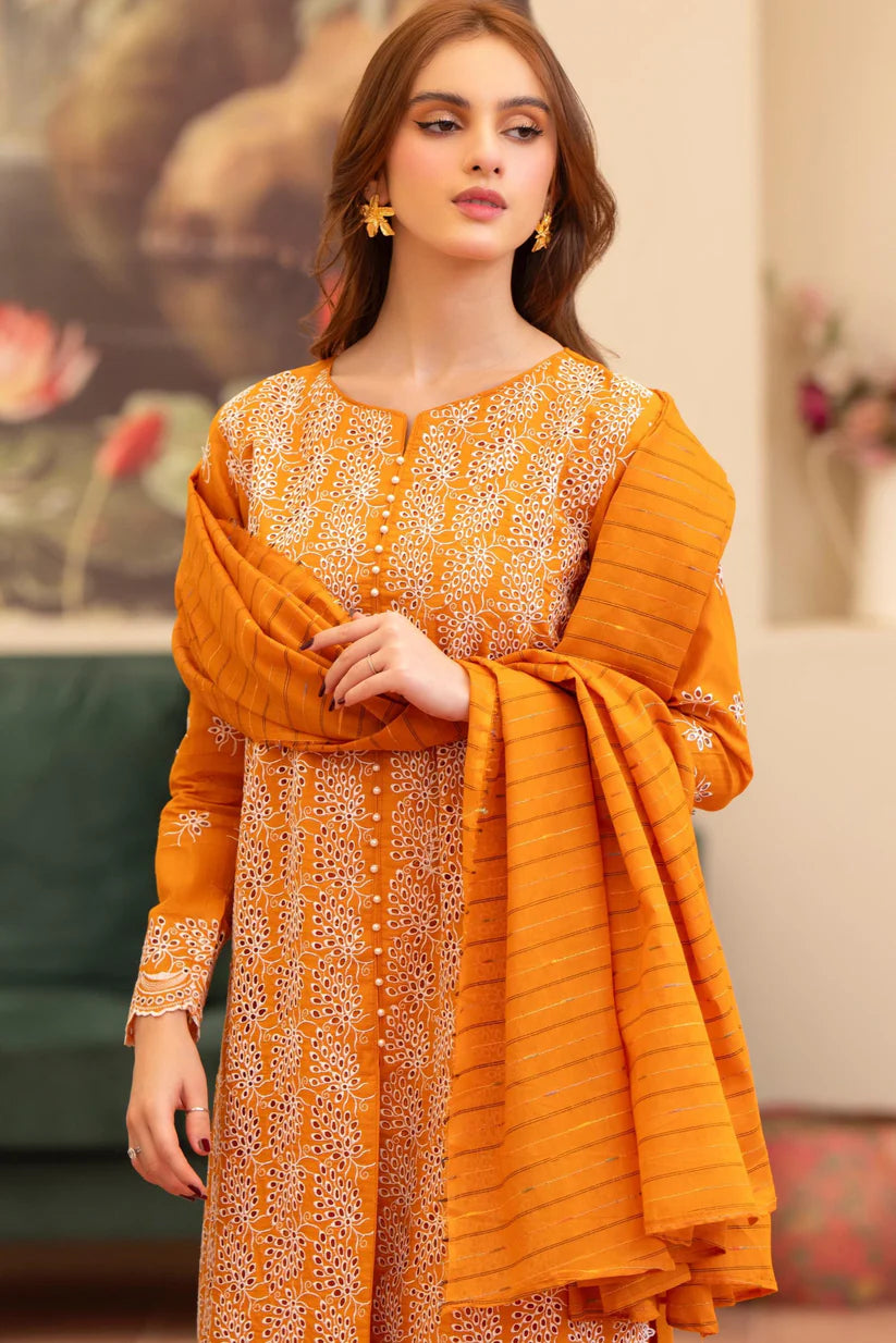 BrandsInn - 3PC LAWN CHIKENKAARI EMBROIDERED SHIRT WITH LAWN TUBE SLUB DUPATTA AND TROUSER-BI-384