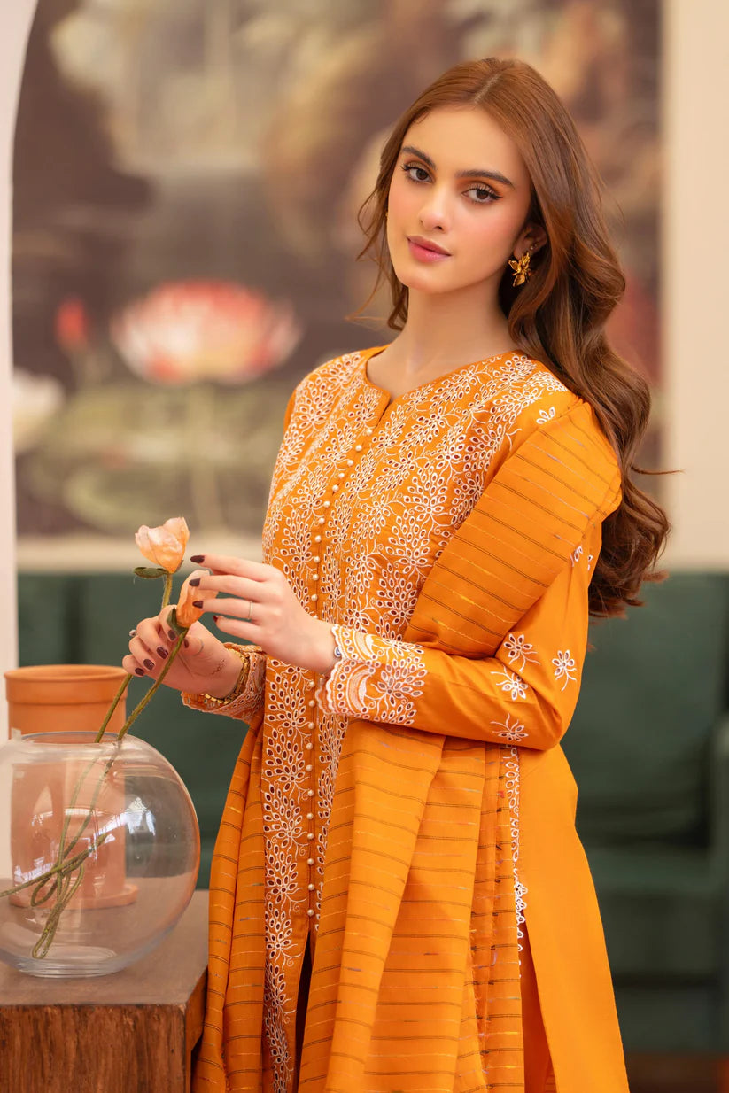 BrandsInn - 3PC LAWN CHIKENKAARI EMBROIDERED SHIRT WITH LAWN TUBE SLUB DUPATTA AND TROUSER-BI-384