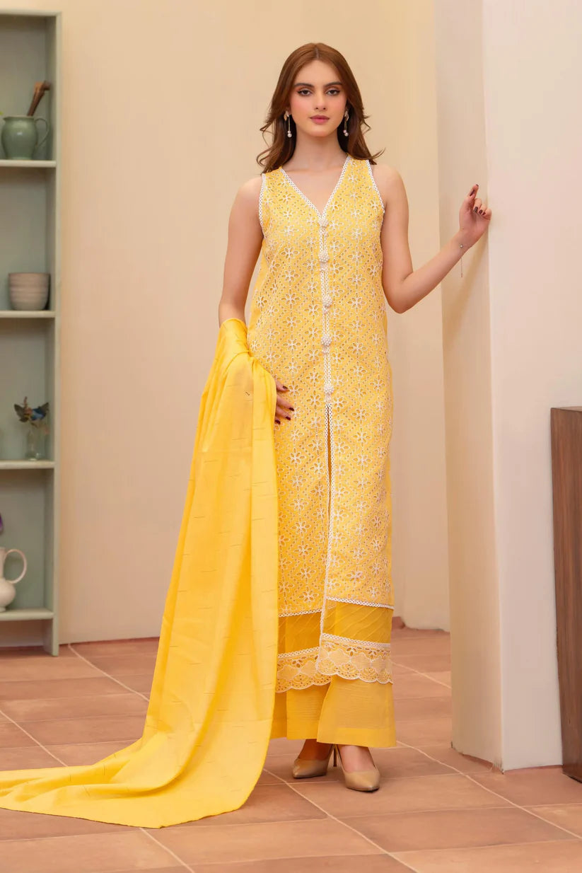 BrandsInn- 3PC LAWN CHIKENKAARI EMBROIDERED SHIRT WITH LAWN TUBE SLUB DUPATTA AND TROUSER-BI-385