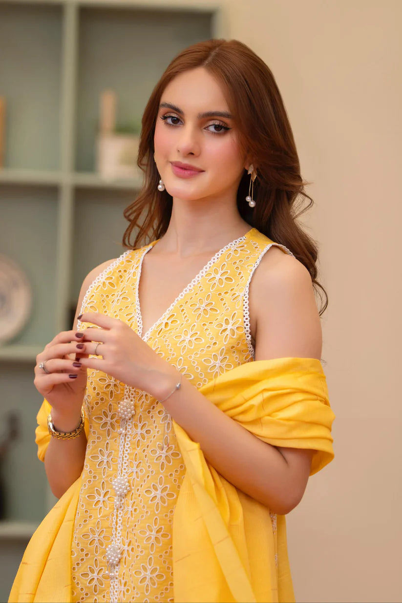 BrandsInn- 3PC LAWN CHIKENKAARI EMBROIDERED SHIRT WITH LAWN TUBE SLUB DUPATTA AND TROUSER-BI-385