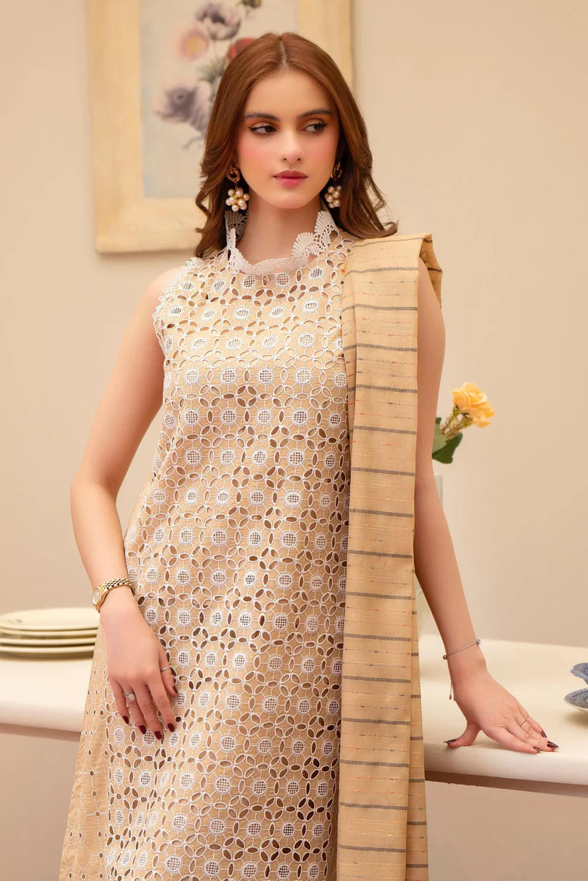 BrandsInn-3PC LAWN CHIKENKAARI EMBROIDERED SHIRT WITH LAWN TUBE SLUB DUPATTA AND TROUSER-BI-386