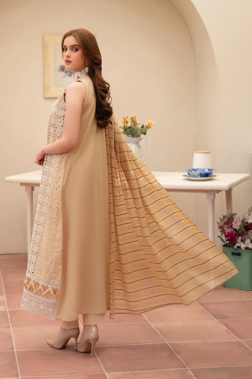 BrandsInn-3PC LAWN CHIKENKAARI EMBROIDERED SHIRT WITH LAWN TUBE SLUB DUPATTA AND TROUSER-BI-386