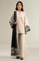 BrandsInn-3PC DHANAK SHIRT WITH DHANAK EMBROIDERED SLEEVES & PRINTED SHAWL-BI-4068