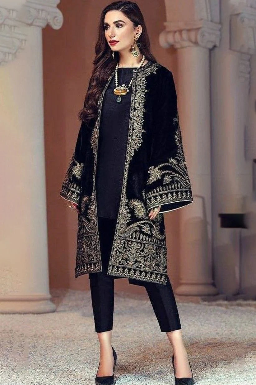 BrandsInn-VELVET 2PC- EMBROIDERED WORK SHIRT WITH SILK INNER AND SILK TROUSER -D-11- MICRO 9000 VELVET-BI-4074