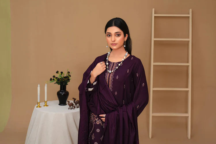 Brands inn-3PC Dhanak Embroidered Shirt with Velvet Dhanak Shawl and Trouser-BI-PLUM