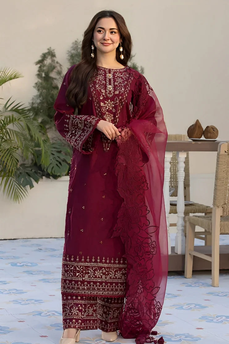 BrandsInn-3PC DHANAK EMBROIDERED SHIRT WITH ORGANZA EMBROIDERED DUAPATTA AND EMB TROUSER--BI-4160