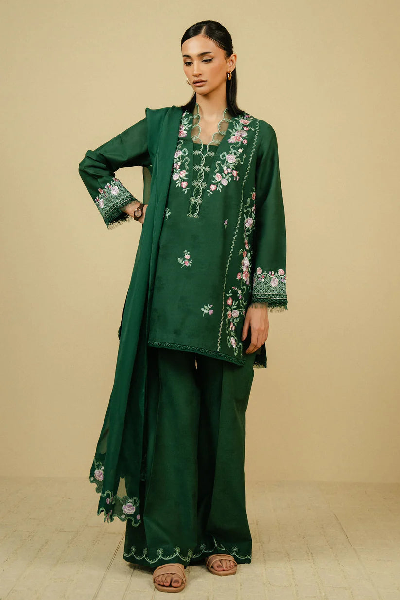 BrandsInn-3PC DHANAK EMBROIDERED SHIRT WITH CHIFFON EMBROIDRED DUPATTA AND TROUSER-BI-4083