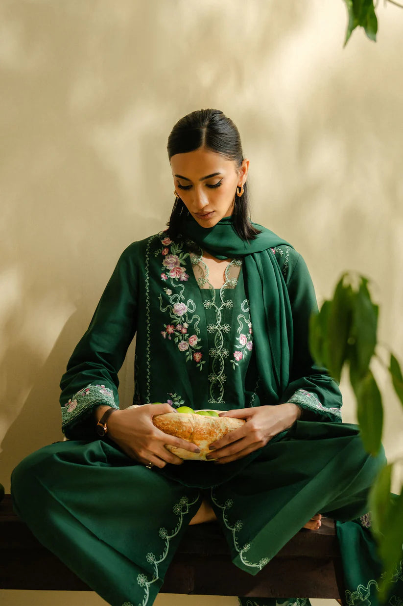 BrandsInn-3PC DHANAK EMBROIDERED SHIRT WITH CHIFFON EMBROIDRED DUPATTA AND TROUSER-BI-4083