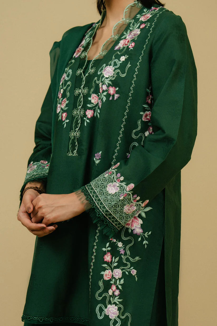 BrandsInn-3PC DHANAK EMBROIDERED SHIRT WITH CHIFFON EMBROIDRED DUPATTA AND TROUSER-BI-4083