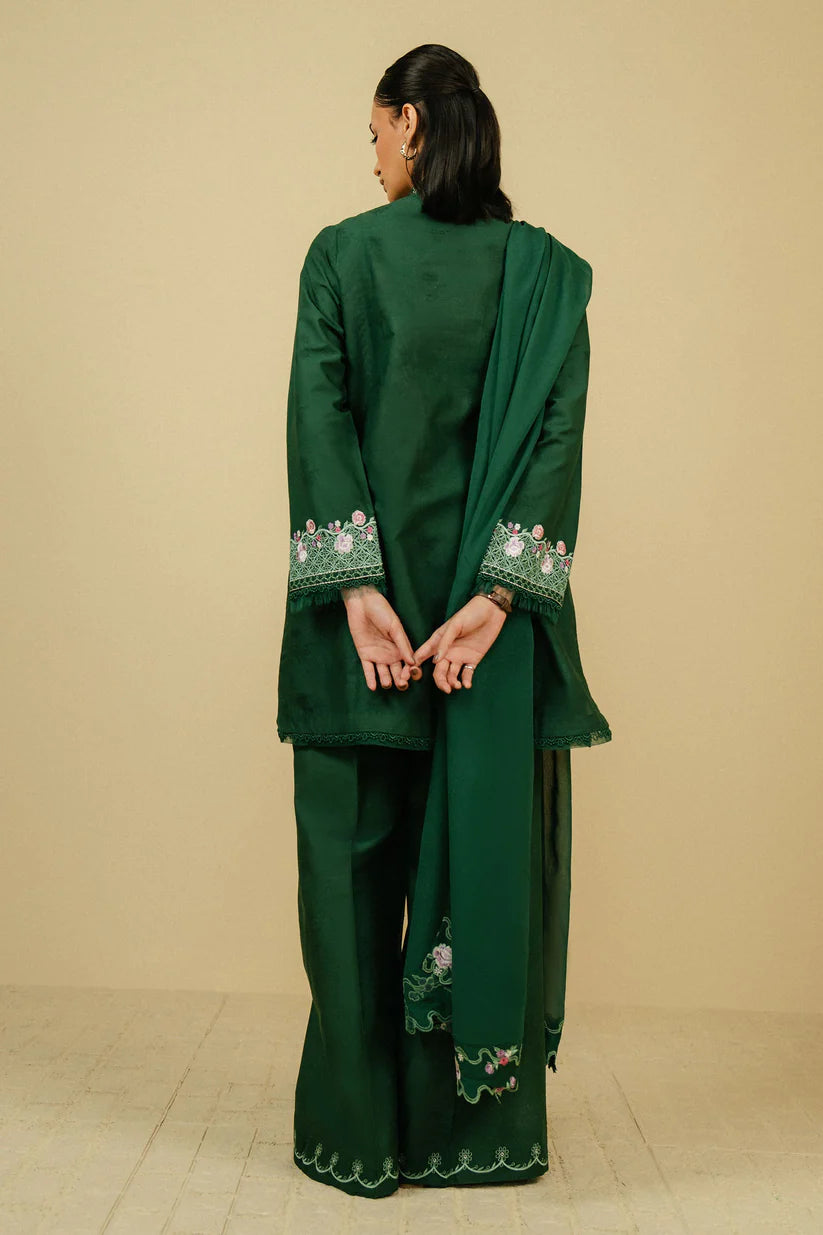 BrandsInn-3PC DHANAK EMBROIDERED SHIRT WITH CHIFFON EMBROIDRED DUPATTA AND TROUSER-BI-4083