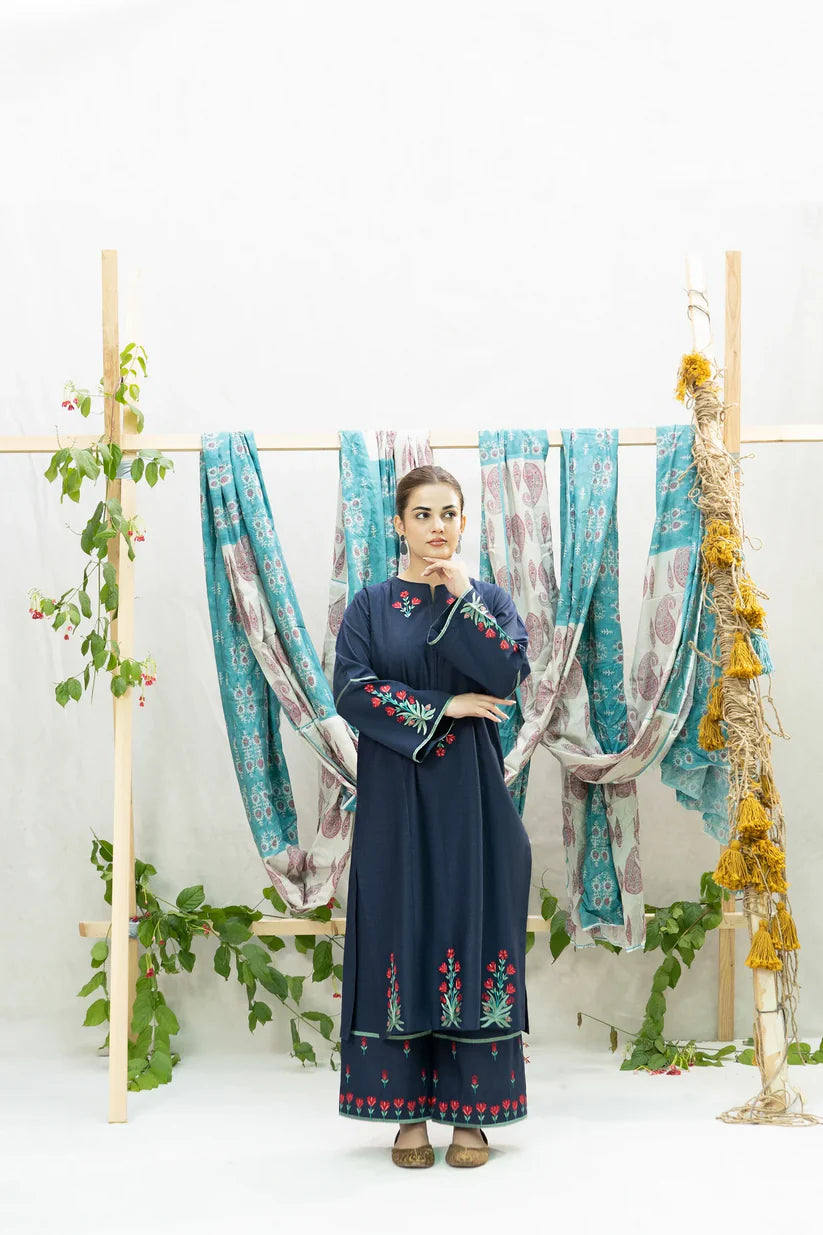 BrandsInn-2PC DHANAK EMBROIDERED SHIRT WITH DHANAK EMBROIDDERED TROUSER-BI-4125