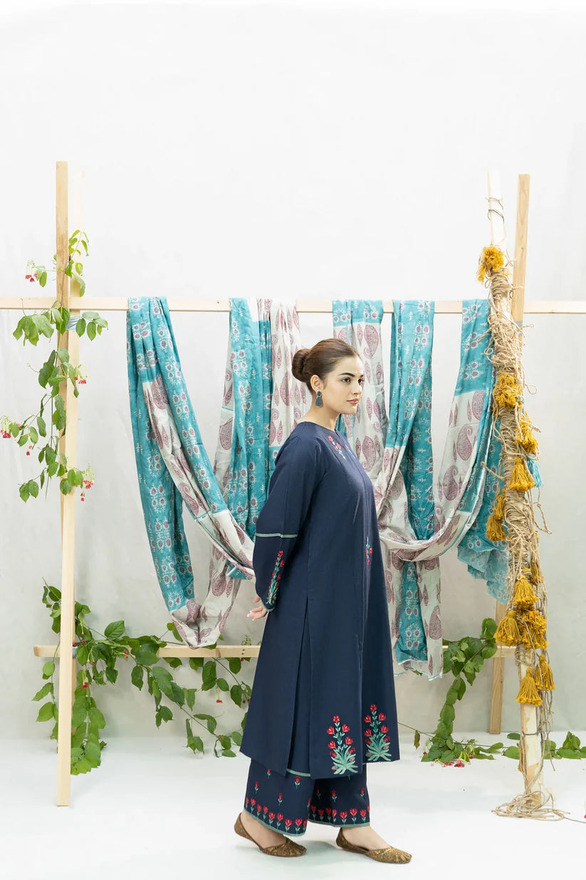 BrandsInn-2PC DHANAK EMBROIDERED SHIRT WITH DHANAK EMBROIDDERED TROUSER-BI-4125