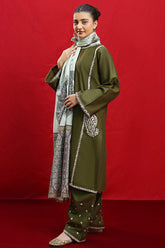 BrandsInn- 3PC Dhanak Embroidered Shirt With Twil Print Wool Shawl & Trouser-BI-4082