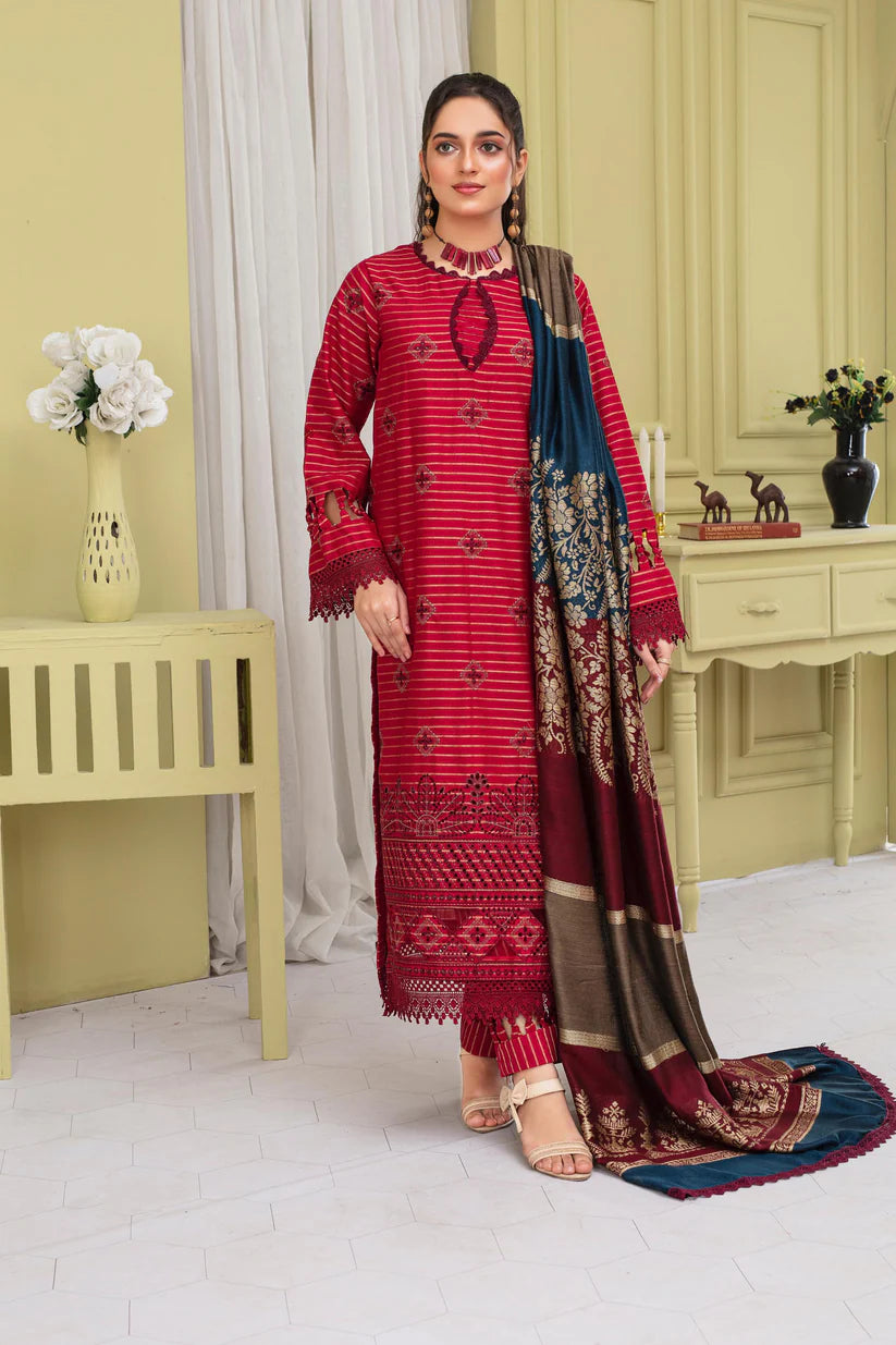 BRANDSINN-3PC KHADAR CUTWORK EMBROIDERED SHIRT WITH KASHMIRI JACQUARD WOOL SHAWL-BI-4053