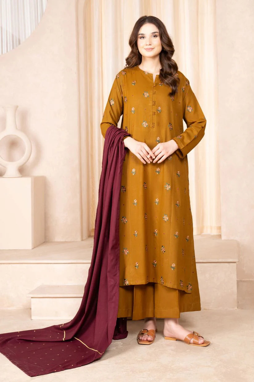 BrandsInn- 3PC DHANAK EMBROIDERED SHIRT DHANAK EMBROIDERED DUPATTA AND TROUSER-BI-4074