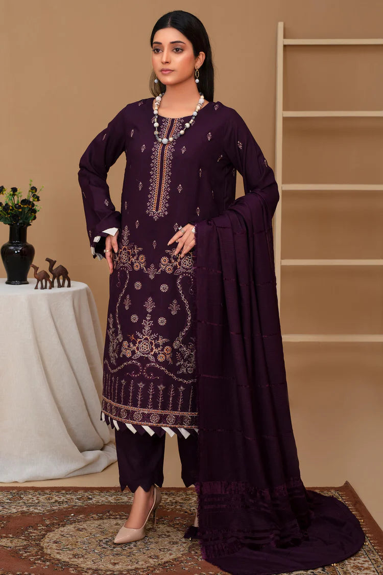 Brands inn-3PC Dhanak Embroidered Shirt with Velvet Dhanak Shawl and Trouser-BI-PLUM