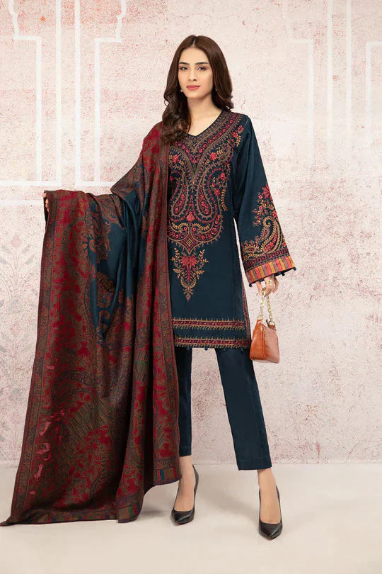BrandsInn-3PC LAWN EMBROIDRED SHIRT WITH MONARK PRINT DUPATTA AND TROUSER-BI-256