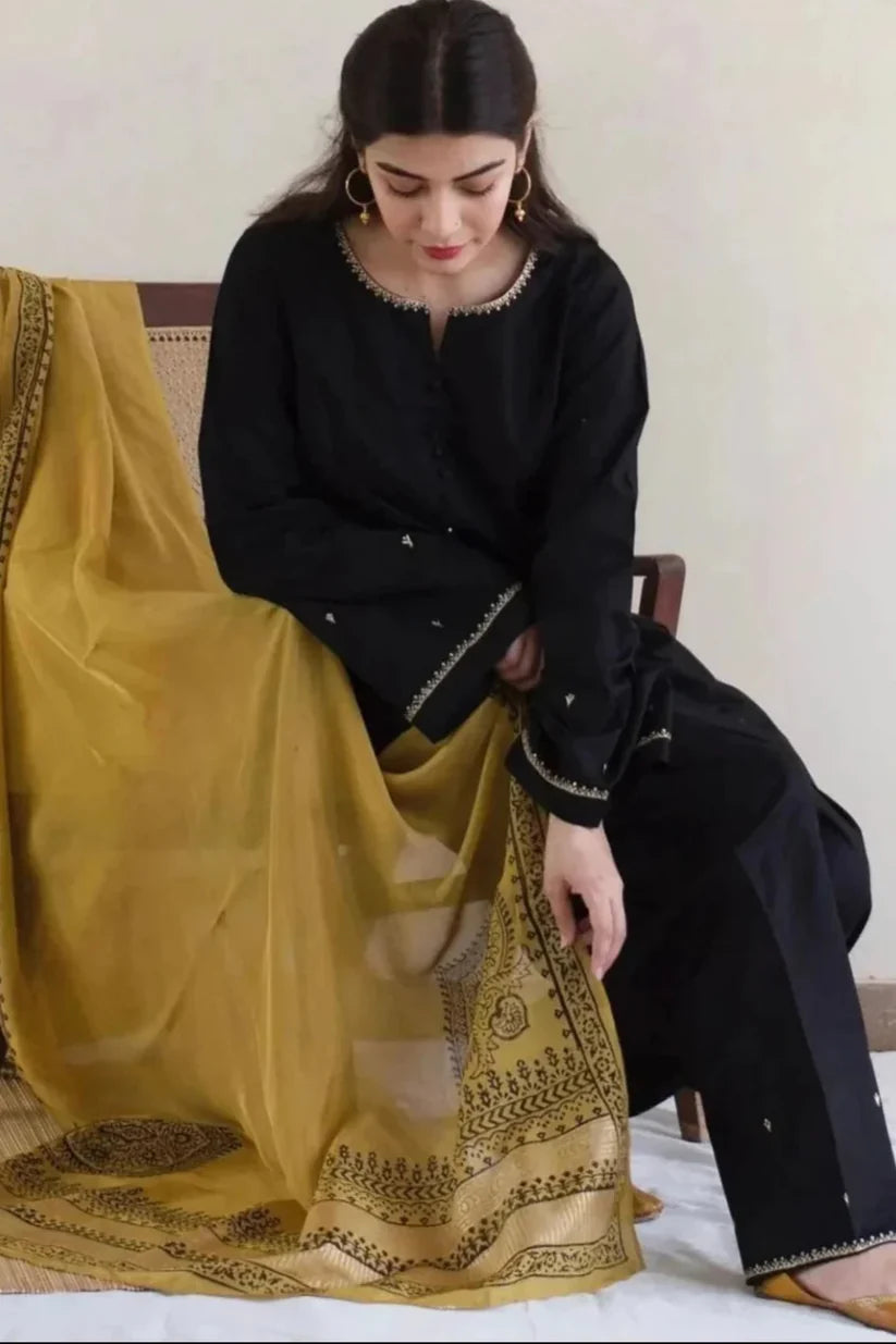BrandsInn-3PC DHANAK EMBROIDERED WITH DHANAK PRINT SHAWL-BI-4097