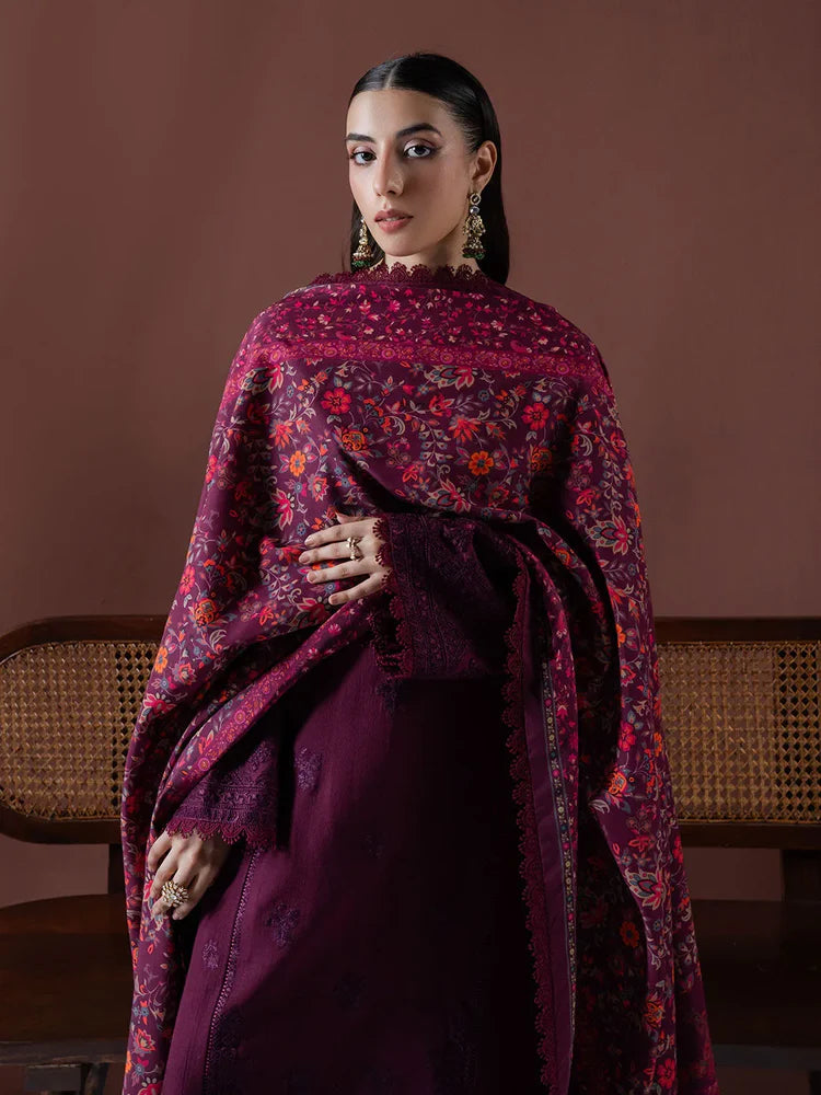 BrandsInn-3PC DHANAK EMBROIDERED SHIRT WITH COURTRAI PRINTED SHAWL & TOUSER-BI-4219
