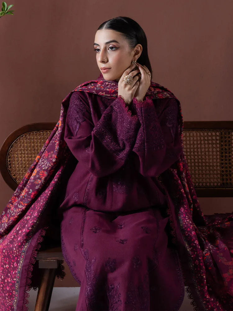 BrandsInn-3PC DHANAK EMBROIDERED SHIRT WITH COURTRAI PRINTED SHAWL & TOUSER-BI-4219
