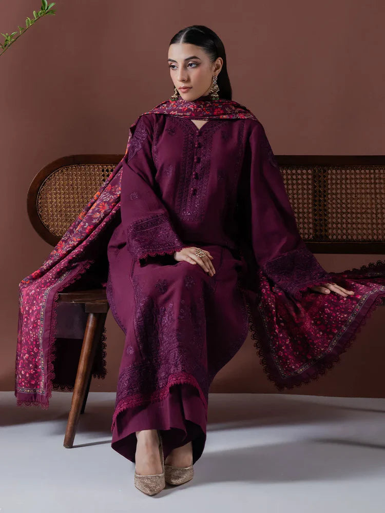 BrandsInn-3PC DHANAK EMBROIDERED SHIRT WITH COURTRAI PRINTED SHAWL & TOUSER-BI-4219