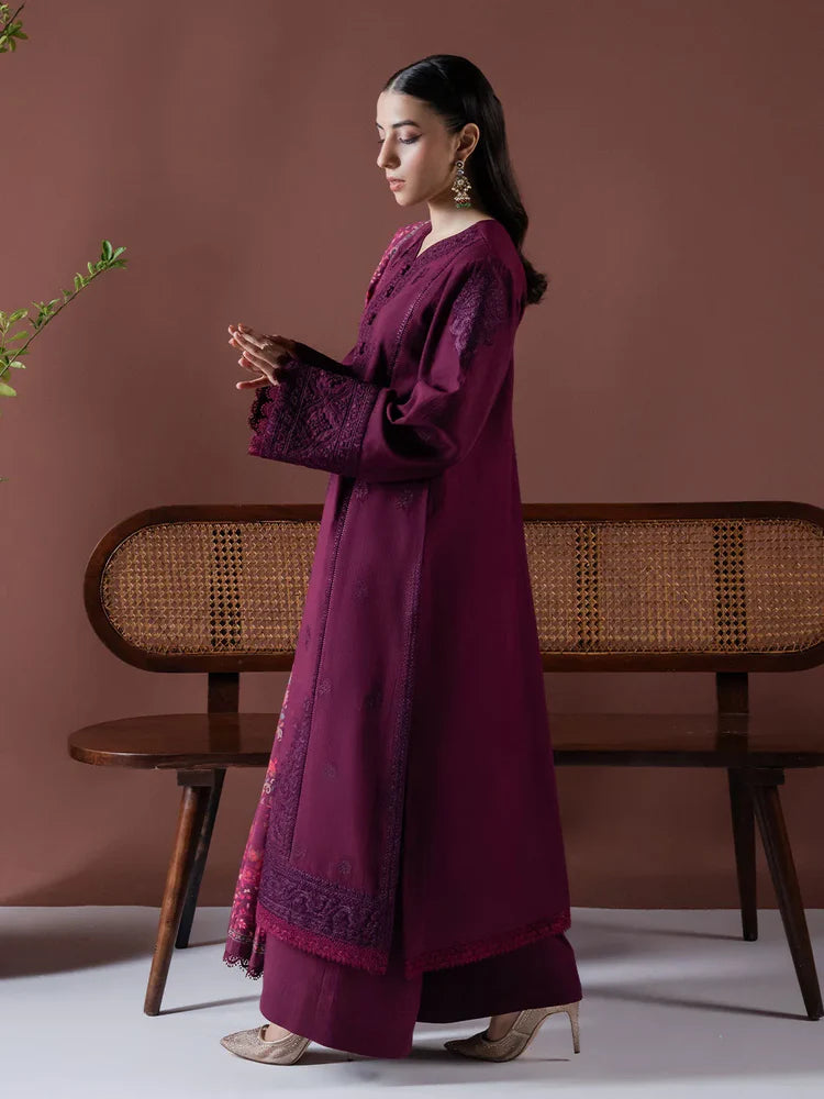 BrandsInn-3PC DHANAK EMBROIDERED SHIRT WITH COURTRAI PRINTED SHAWL & TOUSER-BI-4219