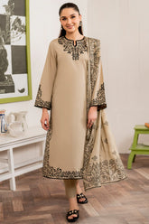 BrandsInn-3PC DHANAK EMBROIDERED SHIRT WITH COUTRAI PRINT SHAWL AND TROUSER-BI-4049