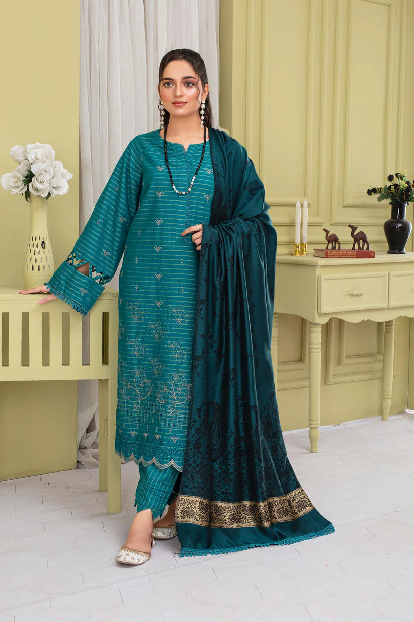 BRANDSINN-3PC KHADAR CUTWORK EMBROIDERED SHIRT WITH KASHMIRI JACQUARD WOOL SHAWL-BI-4051