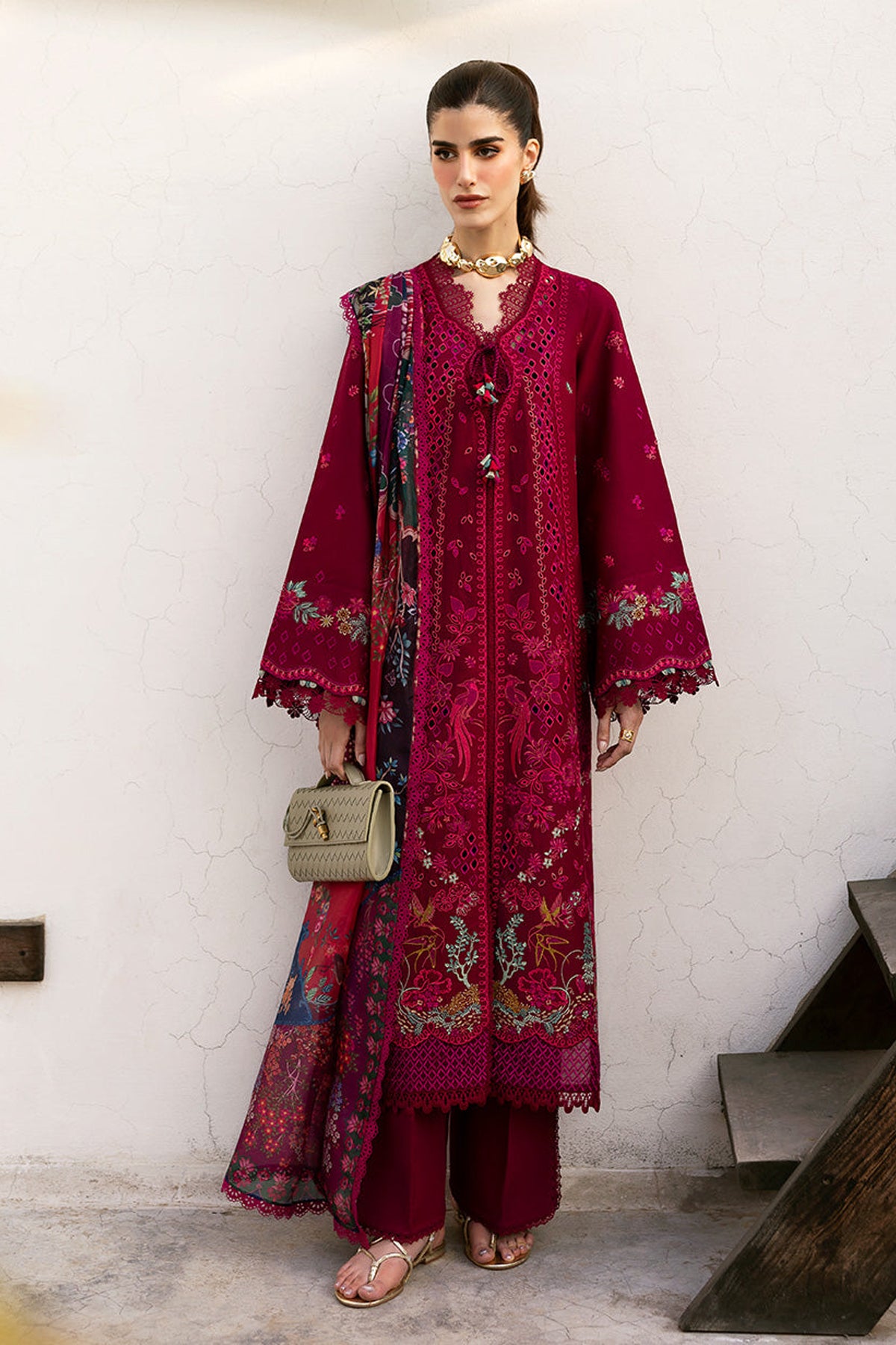 BrandsInn-3PC DHANAK EMBROIDERED SHIRT WITH COURTRAI PRINTED SHAWL & DHANAK TOUSER-BI-4278